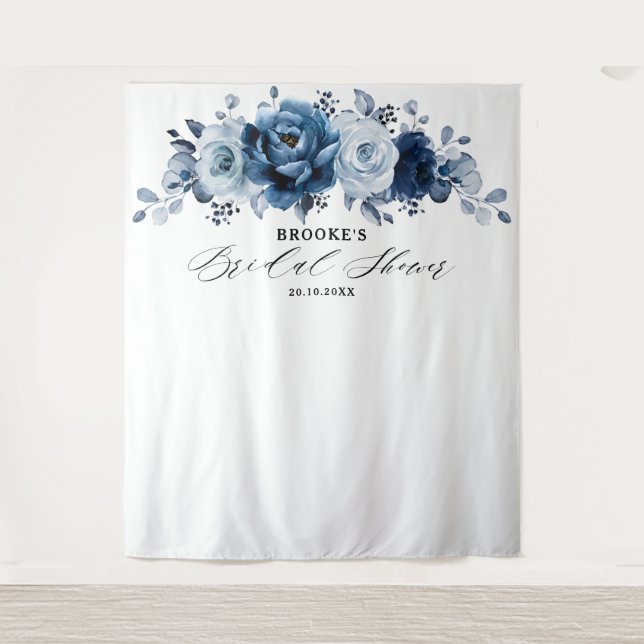 Tapete De Parede Dusty Blue Slate Navy Botanical Bridal Shower      (Frente)