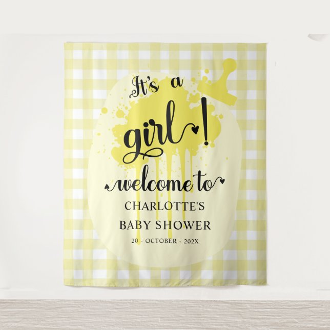 Tapete De Parede É uma garota! Fundo do Chá de fraldas Gingham Amar (Frente)