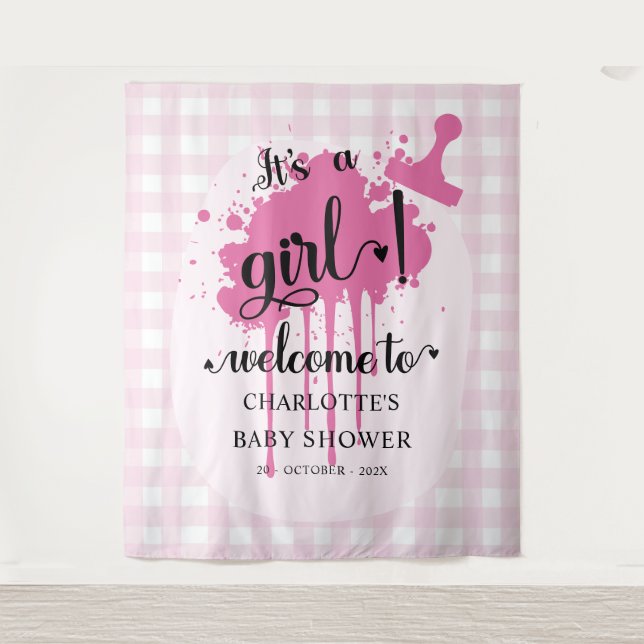 Tapete De Parede É uma Menina! Fundo de Gingham Rosa para Chá de Be (Frente)