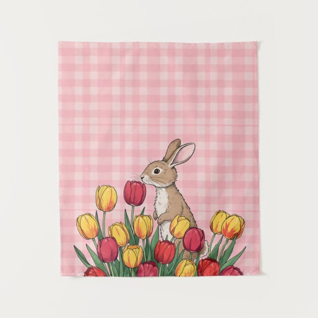 Tapete De Parede Easter Bunny and Tulips Tapestry - Rustic Home  (Frente)