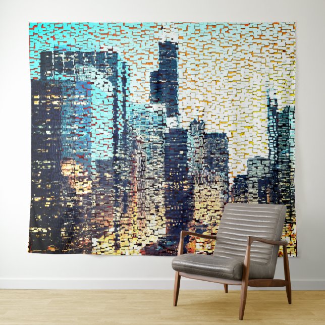 Tapete De Parede Edifícios da cidade azul em mosaico com alivio (In Situ (Horizontal))