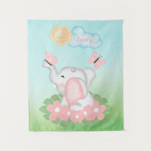 Tapete De Parede Elefante de Bebê Bonito com flores cor-de-rosa