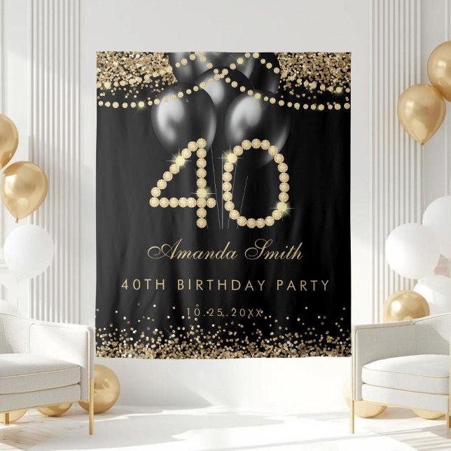 Tapete De Parede Elegant Gold Diamonds 40th Birthday Party Backdrop (Gold Diamonds 40th Birthday Party Backdrop)