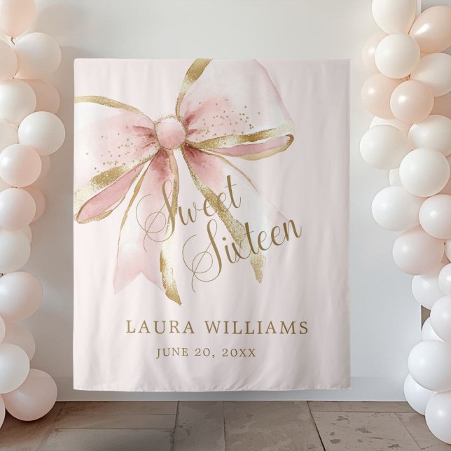 Tapete De Parede Elegant Pink & Gold Coquette Sweet 16th Backdrop (Pink and Gold Coquette pink Sweet sixteen birthday backdrop banner)