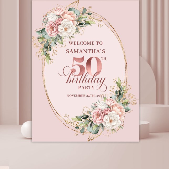 Tapete De Parede Elegant Rose Gold Blush Floral 50th Birthday   (Rose gold floral 50th birthday,
dusty pink blush gold glitter,
opulent Soft pastel   pink flowers, 
)