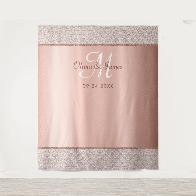 Tapete De Parede Elegant Rose Gold Monogram Wedding Backdrop (Frente)