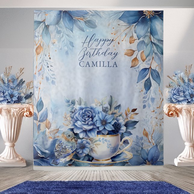 Tapete De Parede Elegant Winter Floral Teacup Birthday Par-Tea (Elegant Winter Floral Teacup with Feather and Bird Happy Birthday Extra Large Backdrop)