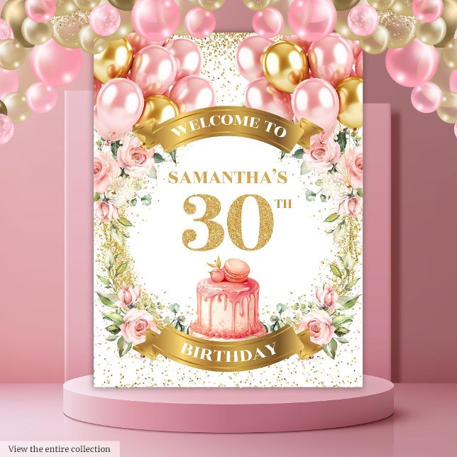Tapete De Parede Elegante aniversário de 30 anos Blush Dourado Part (Elegant 30th Birthday Blush Gold Party Display)
