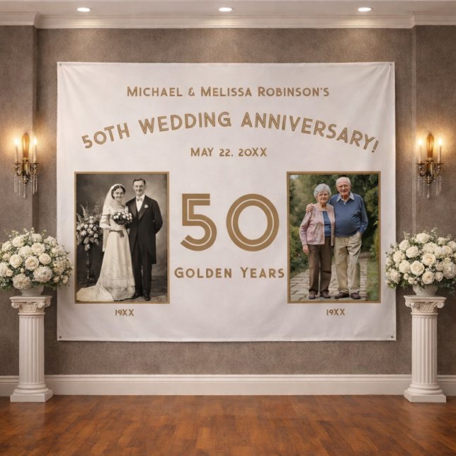 Tapete De Parede Elegante Bandeira de Aniversário de 50 Anos em Mar (Elegant 50th wedding anniversary banner framed with ivory florals and classic columns)
