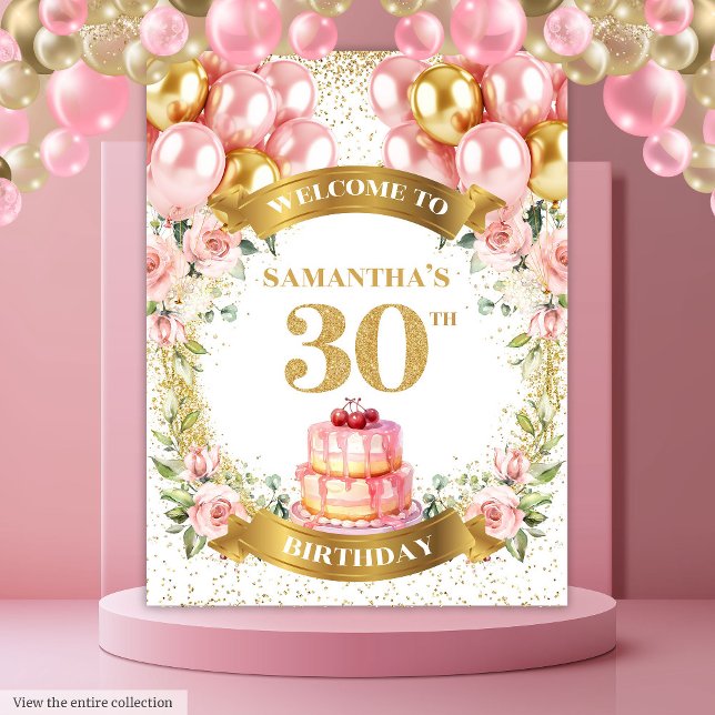 Tapete De Parede Elegante Bandeira de Celebração em Dourado Rosa pa (Elegant 30th Birthday Blush Gold Celebration Banner)