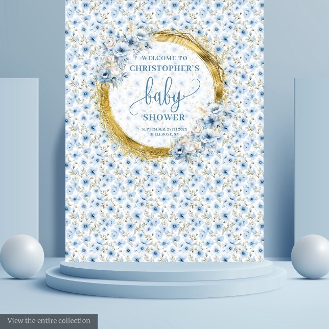 Tapete De Parede Elegante Bandeirola de Chuveirinho de Bebê em Azul (Elegant Pastel Blue Gold Floral Baby Shower Banner Tapestry )