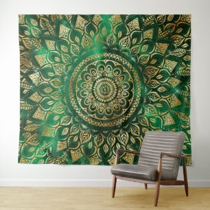 Tapete De Parede Elegante Dourado Mandala Floral Verde 
