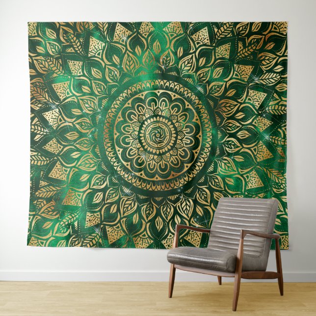 Tapete De Parede Elegante Dourado Mandala Floral Verde (In Situ (Horizontal))