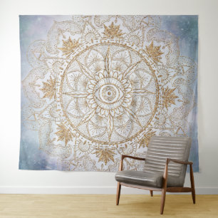 Tapete De Parede Elegante Dourado Olho Sol Lua Mandala Design