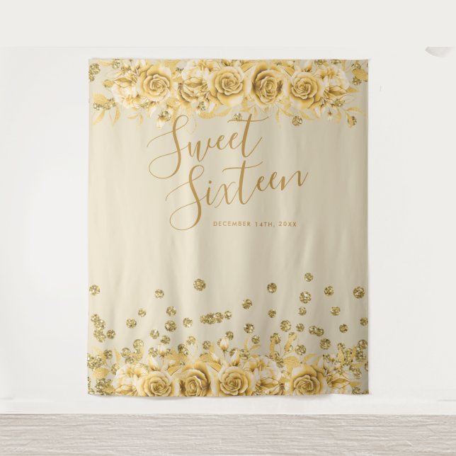 Tapete De Parede Elegante Dourado Sweet 16 Glitter Confetti Floral (Frente)