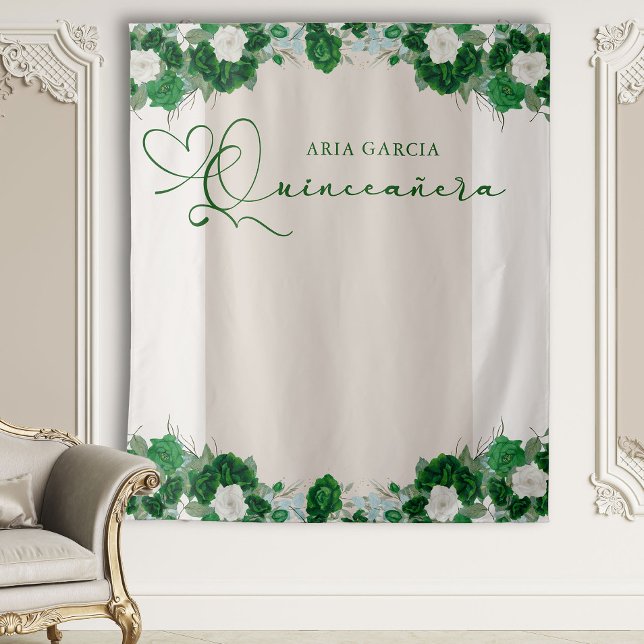 Tapete De Parede Elegante Esmeralda Verde Quinceanera (Quinceanera Backdrop from the Royal Rose Emerald Green Quinceanera Collection by Darling & May)