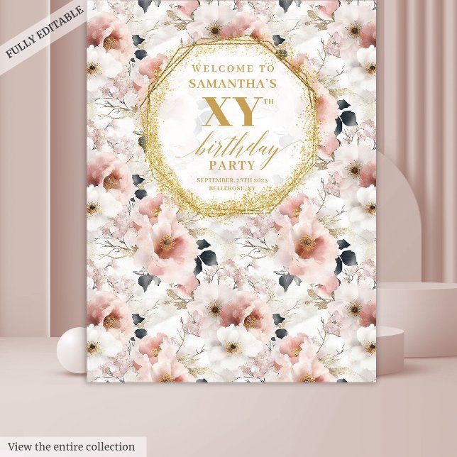 Tapete De Parede Elegante Estande de Fotos de Aniversário com Flore (Graceful Dusty Pink Floral Birthday Photo Booth Tapestry)