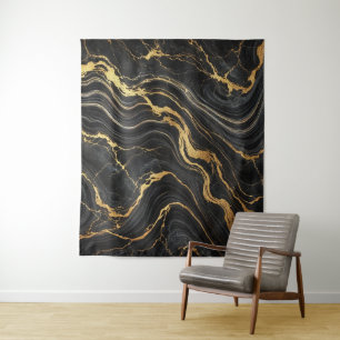 Tapete De Parede Elegante Preto e Dourado com Aparência de Mármore 