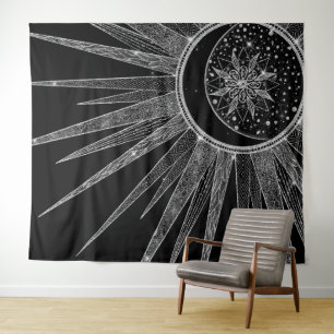 Tapete De Parede Elegante Silver Sun Moon Mandala Black Design