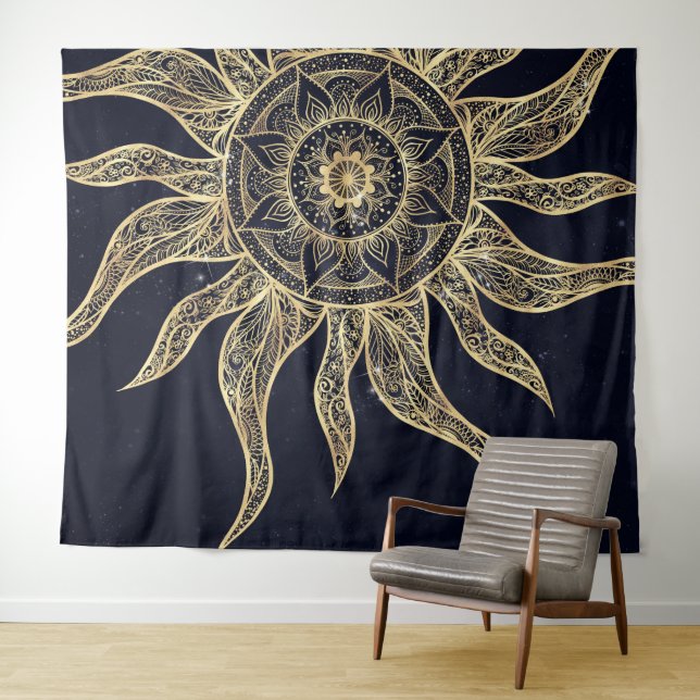 Tapete De Parede Elegante Sol Dourado Mandala Blue Nebula Design (In Situ (Horizontal))