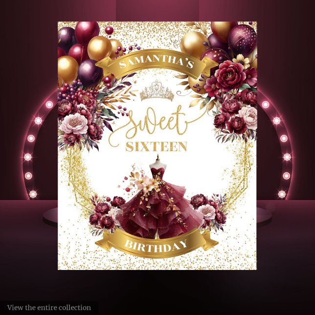 Tapete De Parede Elegante Sweet 16 Backdrop Burgundy Vestidos Balõe (Elegant Sweet 16 Backdrop Burgundy Dress Balloons)