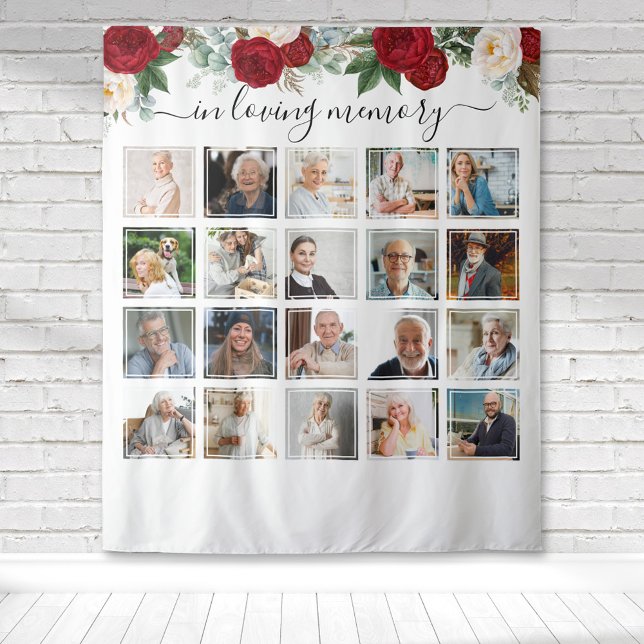 Tapete De Parede Em Memória Afetuosa 20 Foto Memorial Floral Vermel (Red and white rose watercolor floral botanical memorial collage tapestry to honor your loved one.)