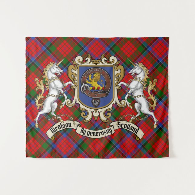 Tapete De Parede Emblema do Clã Nicolson & Unicórnios com Tartan  (Frente (Horizontal))