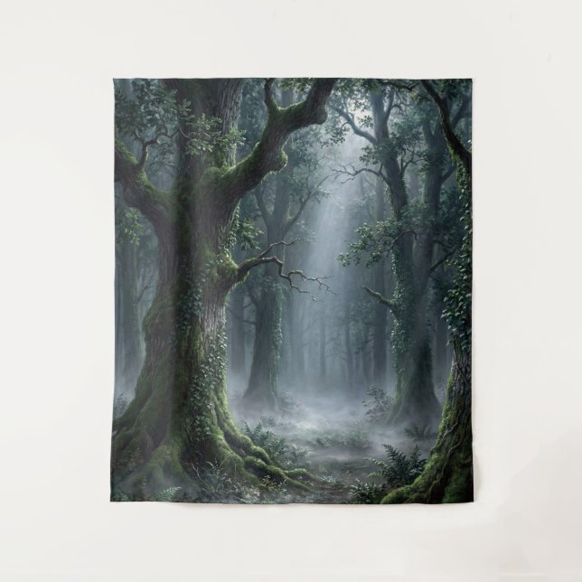 Tapete De Parede Enchanted Forest | Misty Green Fantasy Tapestry (Frente)