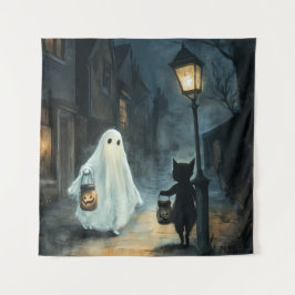 Tapete De Parede Encontro de Ghost e Gato do Halloween