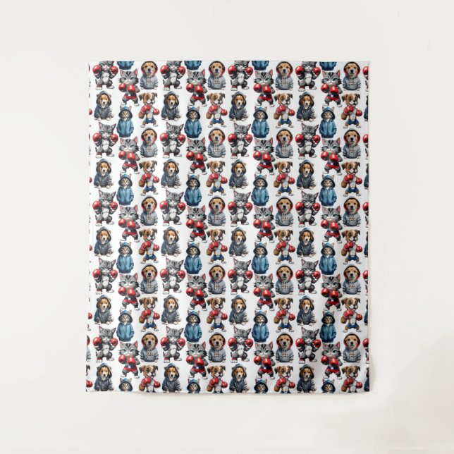 Tapete De Parede Engraçado Boxing Cat Dog Pattern Design (Frente)