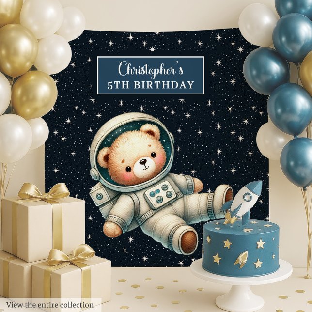 Tapete De Parede Espanhol de Aniversário com Urso de Teddy Astronau (Boy Birthday Backdrop with Astronaut Teddy Bear)