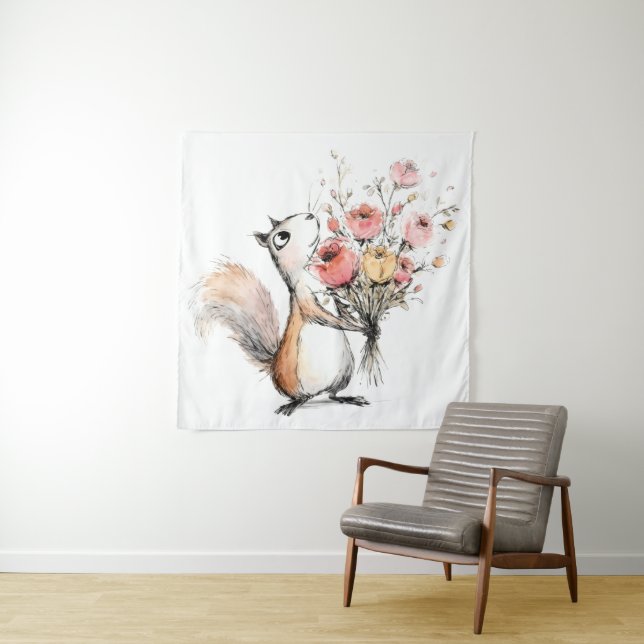 Tapete De Parede Esquilo Fofo com Buquê de Flores (In Situ)