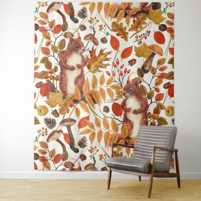 Tapete De Parede Esquilos de outono e flora autóctone em branco (In Situ)