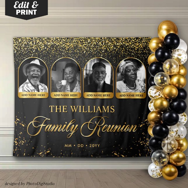 Tapete De Parede Estandarte Personalizado de Reunião de Família, 4  (Custom Family Reunion Banner, 4 Photo Black Gold Tapestry)