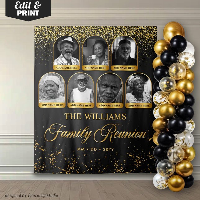 Tapete De Parede Estandarte Personalizado para Reunião de Família,  (Custom Family Reunion Banner, 7 Photo Black Gold Tapestry)