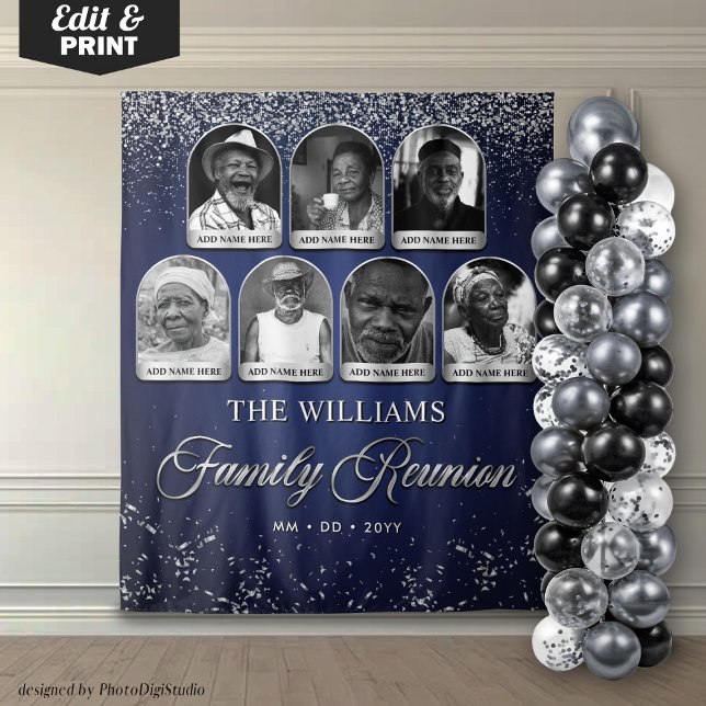Tapete De Parede Estandarte Personalizado para Reunião de Família,  (Custom Family Reunion Banner, 7 Photo Blue Silver Tapestry)