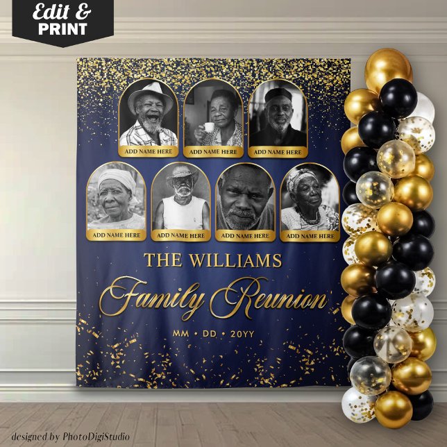 Tapete De Parede Estandarte Personalizado para Reunião de Família,  (Custom Family Reunion Banner, 7 Photo Blue Gold Tapestry)