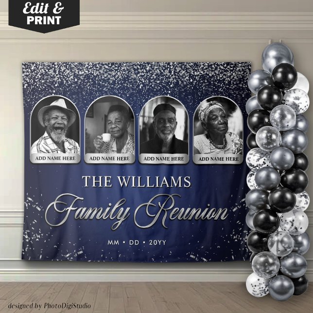 Tapete De Parede Estandarte Personalizado para Reunião de Família,  (Custom Family Reunion Banner, 7 Photo Blue Silver Tapestry)
