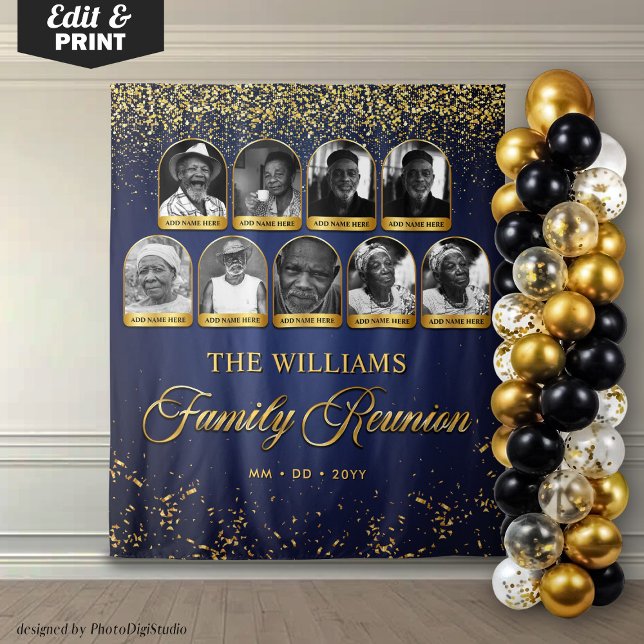 Tapete De Parede Estandarte Personalizado para Reunião de Família,  (Custom Family Reunion Banner, 9 Photo Blue Gold Tapestry)