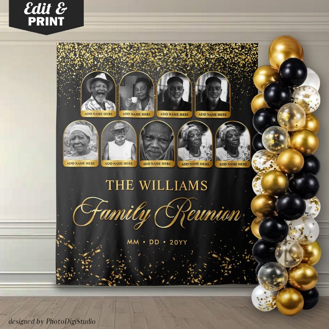 Tapete De Parede Estandarte Personalizado para Reunião de Família,  (Custom Family Reunion Banner, 9 Photo Black Gold Tapestry)