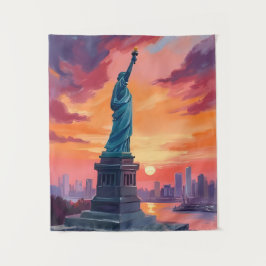 Tapete De Parede Estátua da Liberdade NYC Horizonte Pôr do Sol Aqua