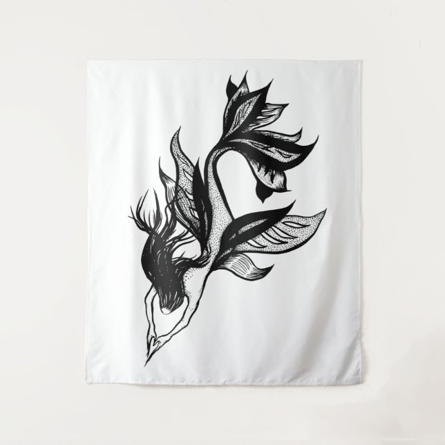 Tapete De Parede Estilo de Tatuagem de Sereia Desenho de Tinta Somb (Frente)