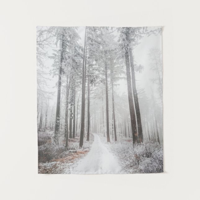 Tapete De Parede Estrada misteriosa numa floresta de neblina congel (Frente)