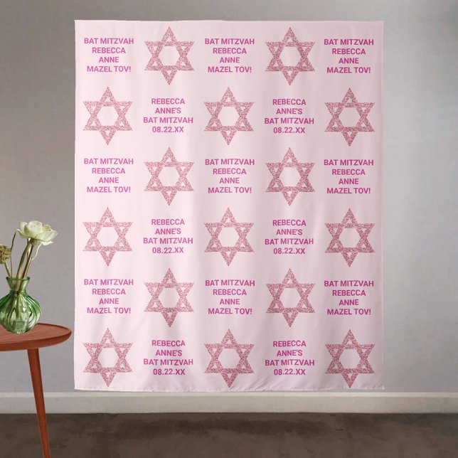 Tapete De Parede Estrela Rosa De David Photo Bat Mitzvah (These glam pink Bat Mitzvah backdrop tapestries are easy to personalize for photo booths and décor)