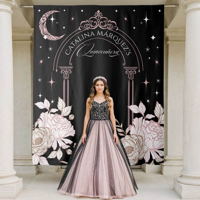 Tapete De Parede Estrelas de Lua Celestiais Florais Elegantes Quinc (Elegant Floral Celestial Moon Stars Quinceañera Tapestry)