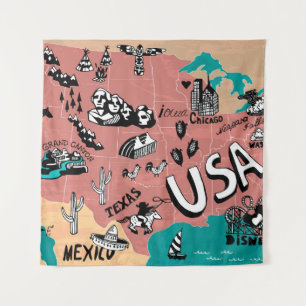 Tapete De Parede EUA Ilustrado: Jornada Colorida de Mapa.