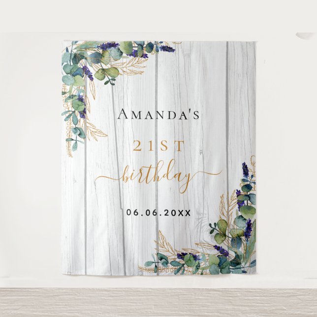 Tapete De Parede Eucalipto verde para aniversário em madeira rústic (Frente)