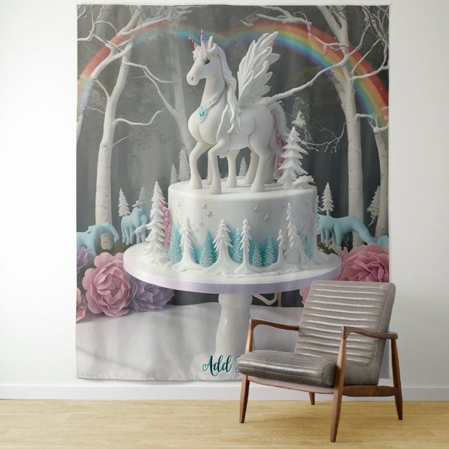 Tapete De Parede Fairy Unicorn Cake Wall Art Backdrop Banner (In Situ)