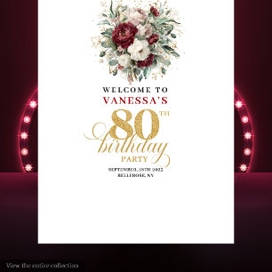 Tapete De Parede Faixa de Aniversário de 80 Anos Rosa Borgonha Chic
