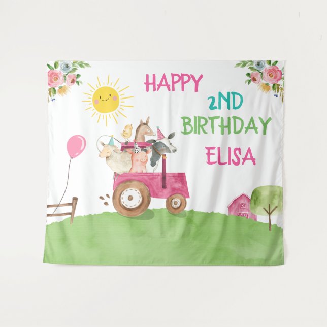 Tapete De Parede Faixa de Aniversário de Menina Rosa de Animais da  (Frente (Horizontal))